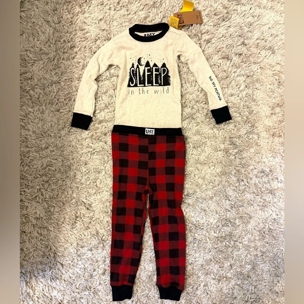 2/$30 Lazy One - Kids Pajama Set - Cream and Red Plaid Print - Sleep in Wild NWT